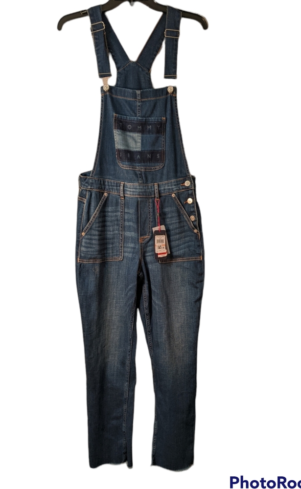 TOMMY HILFIGER Soft Denim Overalls Cropped Raw Hem Logo 6 New with Tags
